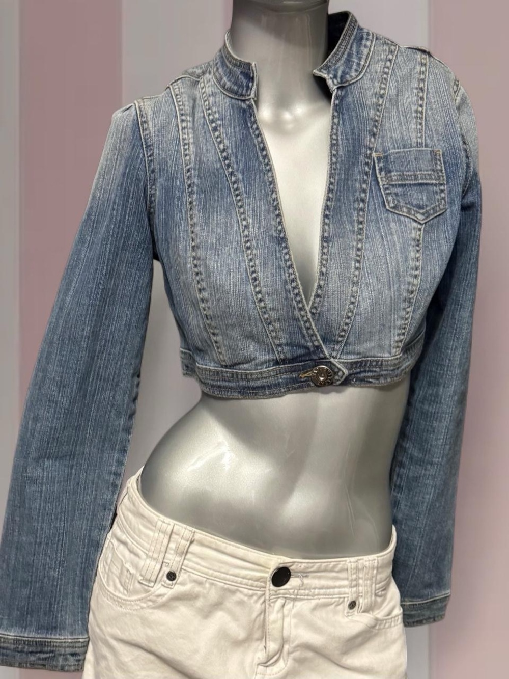 Nevada Y2K blue denim cropped jacket with button detail